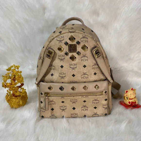 MCM Bags Mcm Backpack Creme Visetos Studs Preowned Authentic